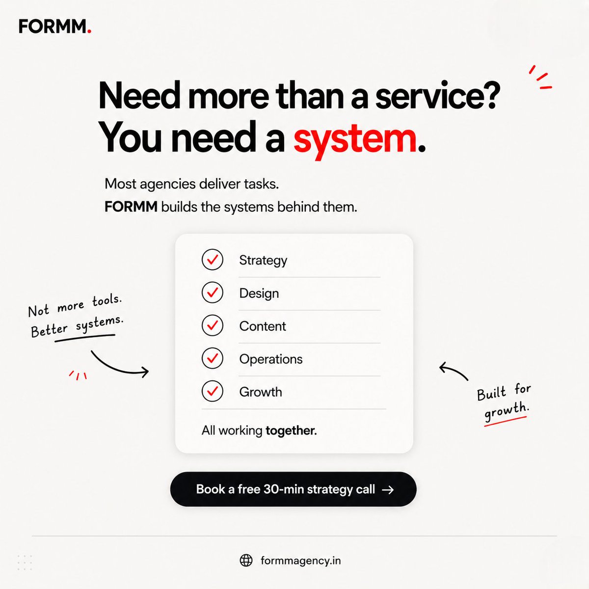 FORMM_AGENCY's tweet photo. We don't offer random services. We build connected systems around design, content, operations and growth. That's the difference.

#BuildInPublic #Founders #BusinessSystems #GrowthMarketing #CreativeAgency #FORMM https://t.co/F8XR3u6aHc