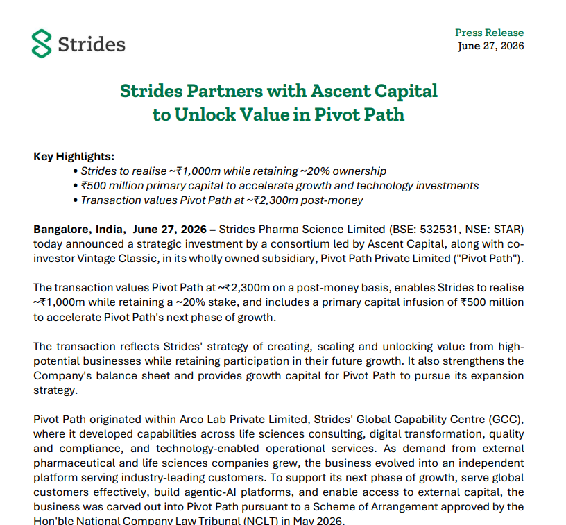 CNBCTV18Live's tweet photo. #CNBCTV18Market | #StridesPharma To Sell Majority Stake In Pivot Path to Ascent Capital & Vintage Classic Rs 100 Cr
Ascent Capital To Infuse Rs 50 Cr Into Pivot Path To Accelerate Next Phase Of Growth
Strides To Realise Rs 100 Cr While Retaining Approx ~20% Ownership In Pivot Path
Transaction Values Pivot Path At Rs 230 Cr Post-Money