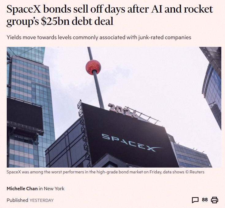 mga_mra's tweet photo. SpaceX bond yields hit nearly 6% on Friday, so their bonds are trading more like junk-rated debt than investment-grade stuff now 🚨 🚨 https://t.co/wgCxQCBfOz