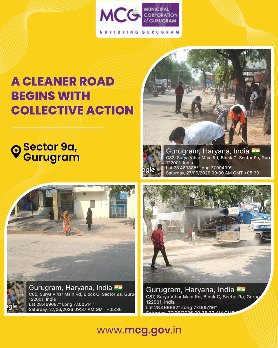 MunCorpGurugram's tweet photo. A cleaner road begins with collective action.

Roadside soil removal, road cleaning, and water sprinkling carried out by the MCG team to maintain a cleaner and healthier Gurugram.

📍 Sector 9a, Gurugram

#MCG #MunicipalCorporationGurugram #SwachhGurugram #CleanGurugram #Gurugram #SanitationDrive #CleanCity #HaryanaShaharSwachhtaAbhiyan2026 #TeamMCG #GreenCity #MyCityMyResponsibility #SanitationHeroes

@MoHUA_India @YTKDIndia @SwachhBharatGov @SwachhBharat @MoJSDDWS @cmohry @NayabSainiBJP @Rao_InderjitS @VipulGoelBJP @csharyana @DiprHaryana @PradeepIAS_HR @OfficialGMDA @CPCB_OFFICIAL @CAQM_Official