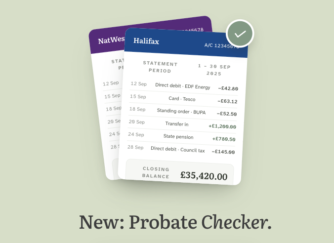 manuscript's tweet photo. Will you need probate after a loved one dies?

My free probate checker works one bank at a time. Pick a bank, answer 3 short questions, and get an answer, based on that bank's own published bereavement policy.

Used by over 450 UK families so far.

Try it: https://t.co/fBLgTUFWaH https://t.co/uLbeODBalq
