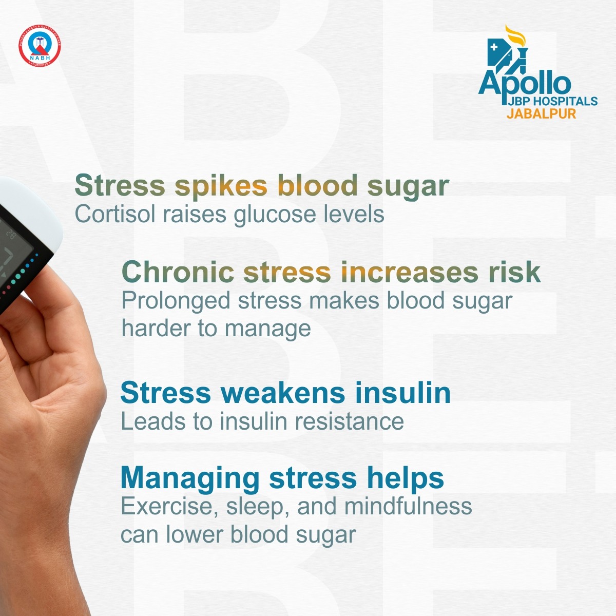 ApolloJbp's tweet photo. 🌿 Don't Let Stress Take Charge of Your Health.

Stress isn't just a state of mind—it can silently affect your blood sugar, increase the risk of diabetes, and make existing diabetes harder to manage. https://t.co/Fk11JAcwE2