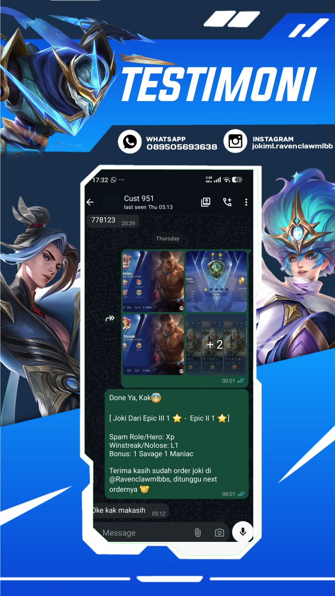 Ravenclawmlbbs's tweet photo. Done Joki ML

2505. Epic III 1 ★ -  Epic I 1 ★
2506.  Mythic 16 ★ -  Honor 25 ★ Nolose
2507. Legend V 1 ★ -  Legend IV 1 ★ Nolose
2508. Legend V 5 ★ -  Legend III 5 ★ Nolose

#testiravenclawjoki #jokiml https://t.co/SWCDbfhdxt