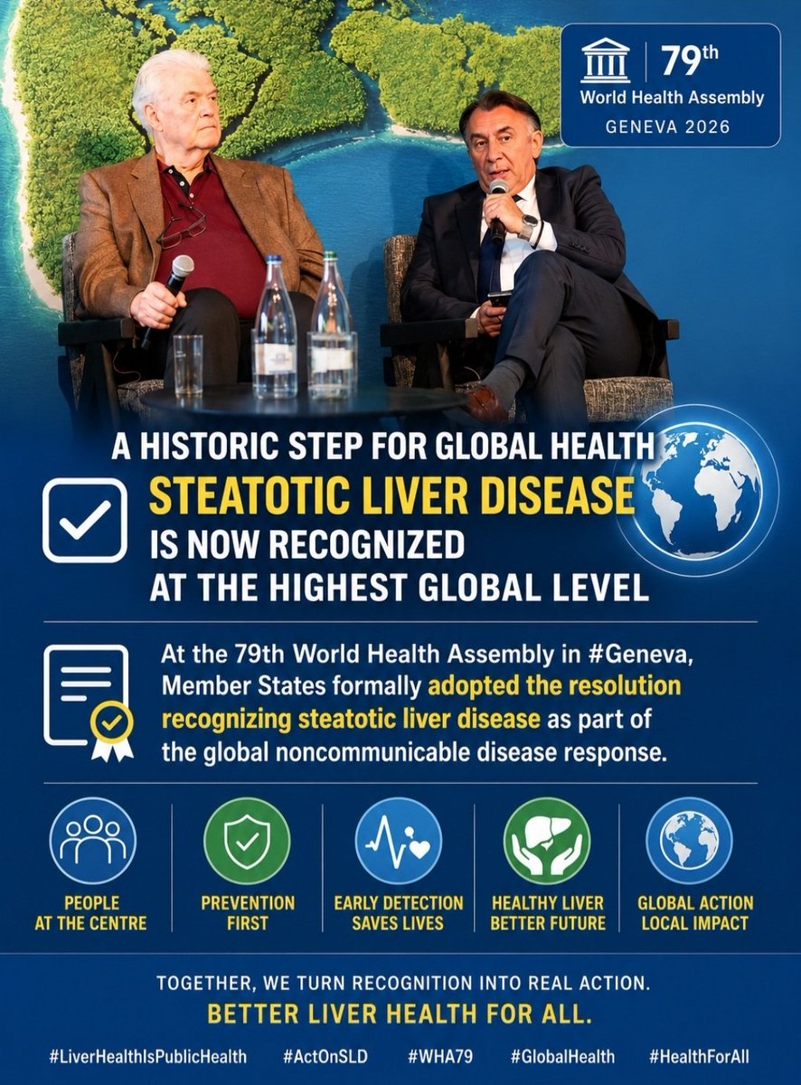 EuropeLiver's tweet photo. During the 79th World Health Assembly in Geneva, Global Liver Institute, in collaboration with the Ministry of Health and Population of Egypt, convened a high-level policy side event to elevate SLD as a global public health priority.

ELPA – was proud to contribute to this important discussion, with our Director Milan Mishkovikj representing the voice of patients and highlighting the crucial role of patient advocacy in shaping the future of #liverhealth.

The adoption of the WHO Resolution recognizing steatotic liver disease as part of the global noncommunicable disease (NCD) response is far more than a policy achievement—it is a message of hope.

Hope that liver health will finally be fully integrated into national and international public health strategies.

Hope that awareness will be transformed into action

Hope that patients will benefit from early detection programmes, integrated care pathways, and equitable access to prevention and treatment

But resolutions alone are not enough. The real challenge begins now: implementation

For the first time in history, we have an opportunity to combine strong policy commitments with meaningful funding mechanisms that can support:

🩺 Early detection and screening programmes
❤️ Integration of liver health into #cardiovascular disease prevention
🩸 #Diabetes and #obesity strategies
🎗️ #Cancer prevention and control programmes
🧠 #Stroke prevention initiatives
🫀 #Transplantation strategies
🌍 Community #outreach and #public awareness programmes

This marks the beginning of a new era where liver health is no longer addressed in isolation, but as a central pillar of the global NCD agenda

Patients' lived experiences must continue to shape policies, research, healthcare delivery, and innovation. From reducing stigma to improving access to care, patient advocacy remains one of the strongest drivers of meaningful change

The liver is the silent organ connecting many of today's greatest public health challenges. As patient advocates, we can no longer afford to treat obesity, type 2 diabetes, cardiovascular disease, stroke, cancer, and liver disease as separate conditions. They are deeply interconnected, share common risk factors, and require integrated solutions

ELPA is proud to stand alongside Global Liver Institute, governments, patient organisations, clinicians, researchers, policymakers, and partners worldwide who made this historic milestone possible

We celebrate a landmark achievement.

Tomorrow, we begin the work of turning this resolution into healthier lives for millions of people around the world

Together, we move from recognition to implementation, from policy to action, and from hope to impact

Join us ⬇️

Global Liver Institute campaign:
➡️ #LiverHealthisPublicHealth

#ELPA campaign:
➡️ #ProtectLiverHealth 
➡️ #ProtectPublicHealth 

WHO Regional Office for Europe 
EASL | The Home of Hepatology 
American Association for the Study of Liver Diseases (AASLD)
Hans Kluge 
Larry Holden 

#WHA79 #SLD