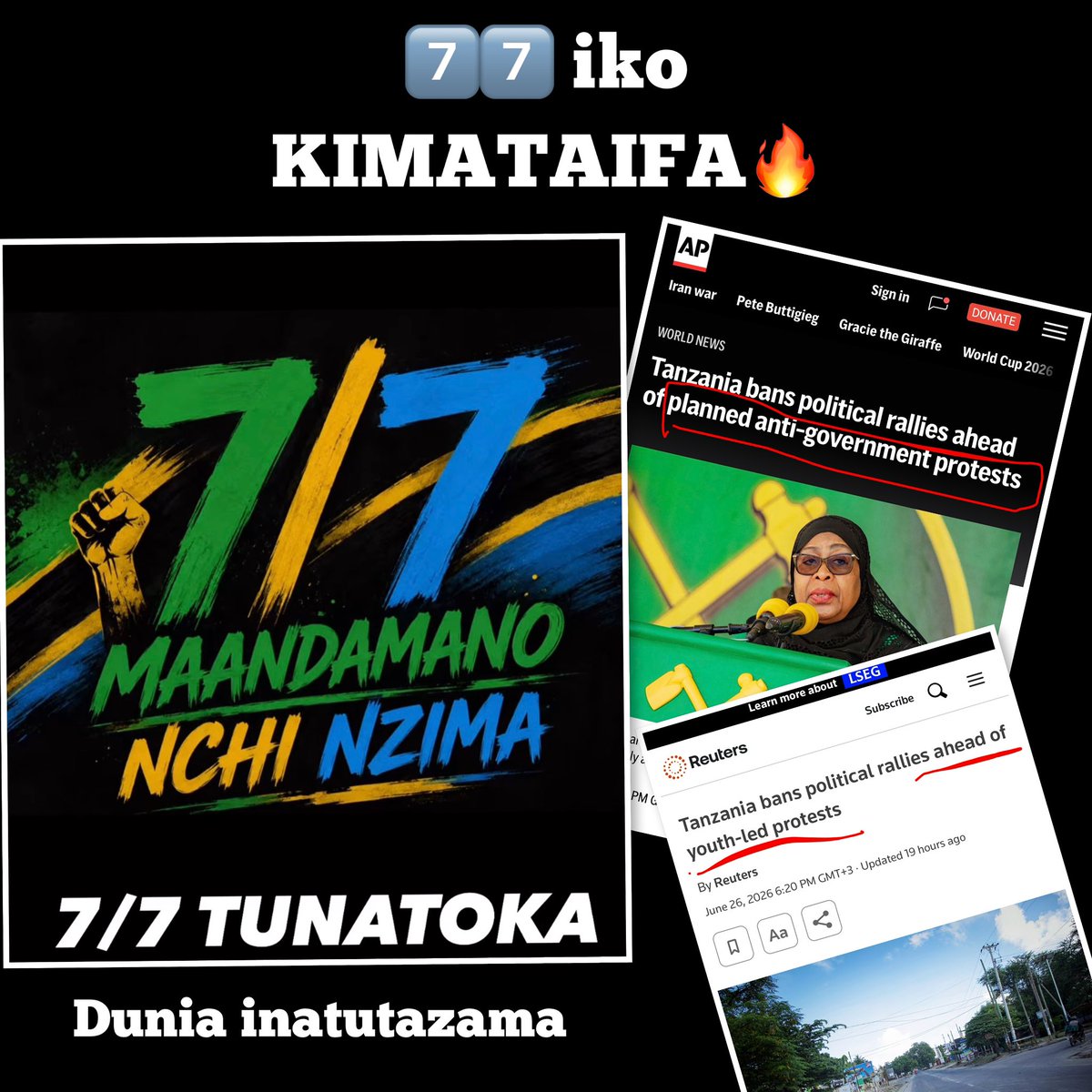 MariaSTsehai's tweet photo. 🔥🔥7/7 sasa inafuatiliwa na dunia nzima‼️
Sijui mmeona headline za kimataifa wameunganisha ban ya mikutano na maandamano ya Sabasaba aka 77 ✊🏽
Sasa tukiwaambia dunia macho yote yako Tanzania niaminini! Hawataweza kufanya walichofanya na tunatoa taarifa ulimwenguni kila siku! Ndiyo maana wanahaha kila kona ila bado tunawaanika!
Sikilizeni nyie madhulmat hii vita mmeshashindwa
You are postponing the inevitable
Mi nawaeleza hamtaki kukubali - haya!
#Tutaelewana
#Maandamano77 #SamiaMustGo #JusticeForMO29 #FreeTunduLissu
