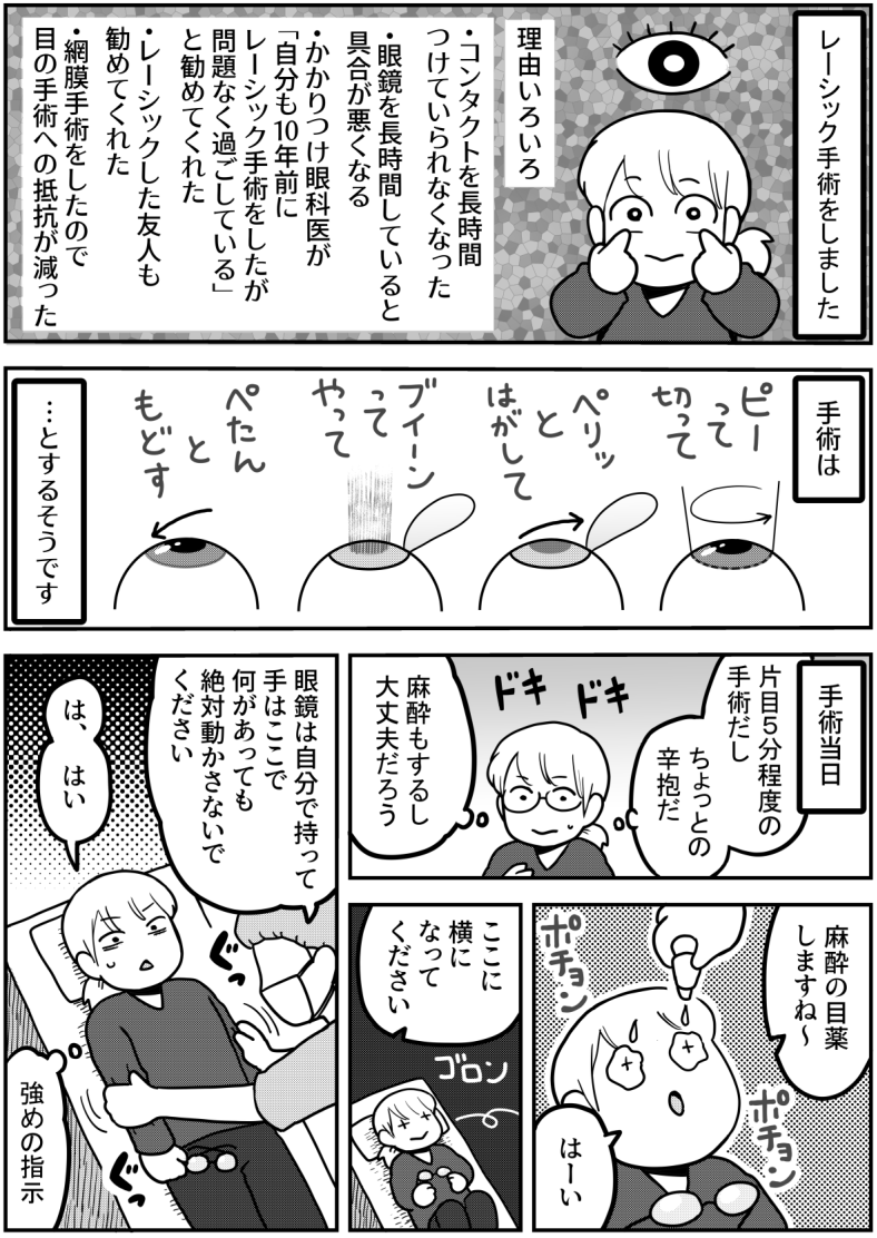 kikumaki00's tweet photo. ほくろ切除レポ漫画に「麻酔が効いてない！」と沢山頂いたので
あの時も麻酔が効いてなかったレーシック手術レポ漫画を載せます（1/2） https://t.co/oqIwR2mQdK