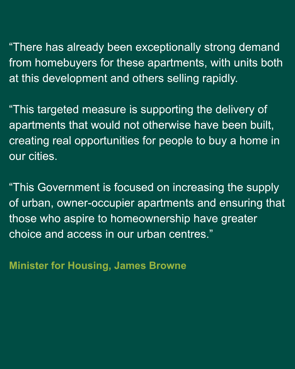 DeptHousingIRL's tweet photo. 🗝️Almost 2,500 owner-occupier apartments have now been confirmed for delivery through the Croí Cónaithe Cities Scheme, helping to increase housing supply in our cities and make home ownership a reality for more people.

Read more: https://t.co/c8CA1Iy0iw https://t.co/5j0sZTBJnf