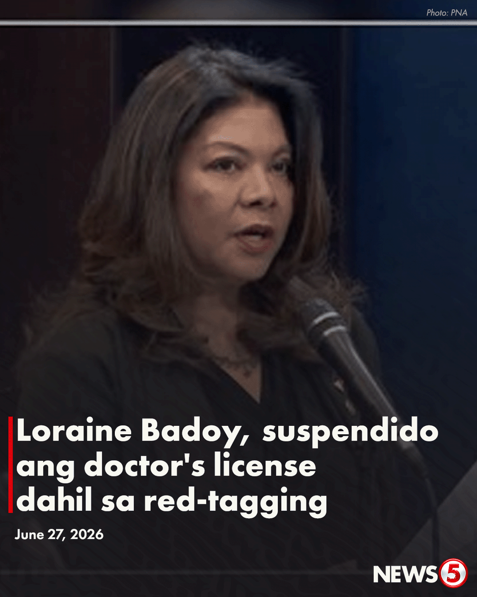 News5PH's tweet photo. 'PROHIBITED IN THE PRACTICE OF MEDICINE' 

Sinuspinde ng Philippine Regulatory Commission (PRC) sa loob ng anim na buwan ang lisensya ni dating anti-insurgency spokesperson at doktor na si Lorraine Badoy matapos siyang mapatunayang nagkasala ng hindi etikal at hindi propesyonal na asal kaugnay ng kanyang red-tagging sa mga kapwa health worker.  

“During the period of suspension, respondent is prohibited from engaging in the practice of medicine,” saad ng PRC resolution.  

Opisyal na natanggap ng mga nagreklamo ang desisyon ng PRC noong May 8 at  isinapubliko, Sabado, June 27.