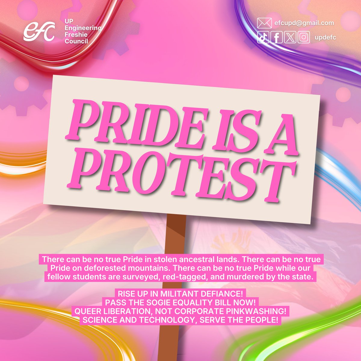 updefc's tweet photo. [𝐏𝐑𝐈𝐃𝐄 𝐌𝐎𝐍𝐓𝐇 𝟐𝟎𝟐𝟔]

𝗣𝗥𝗜𝗗𝗘 𝗜𝗦 𝗔 𝗣𝗥𝗢𝗧𝗘𝗦𝗧

Access the full statement here: https://t.co/MFNWKzpgot

#PrideIsAProtest
#ProtectAncestralLands
#HustisyaParaSaToboso19
#NoPrideInExploitation
#QueersForNationalLiberation
#EFC2526 https://t.co/G5g5anCulW