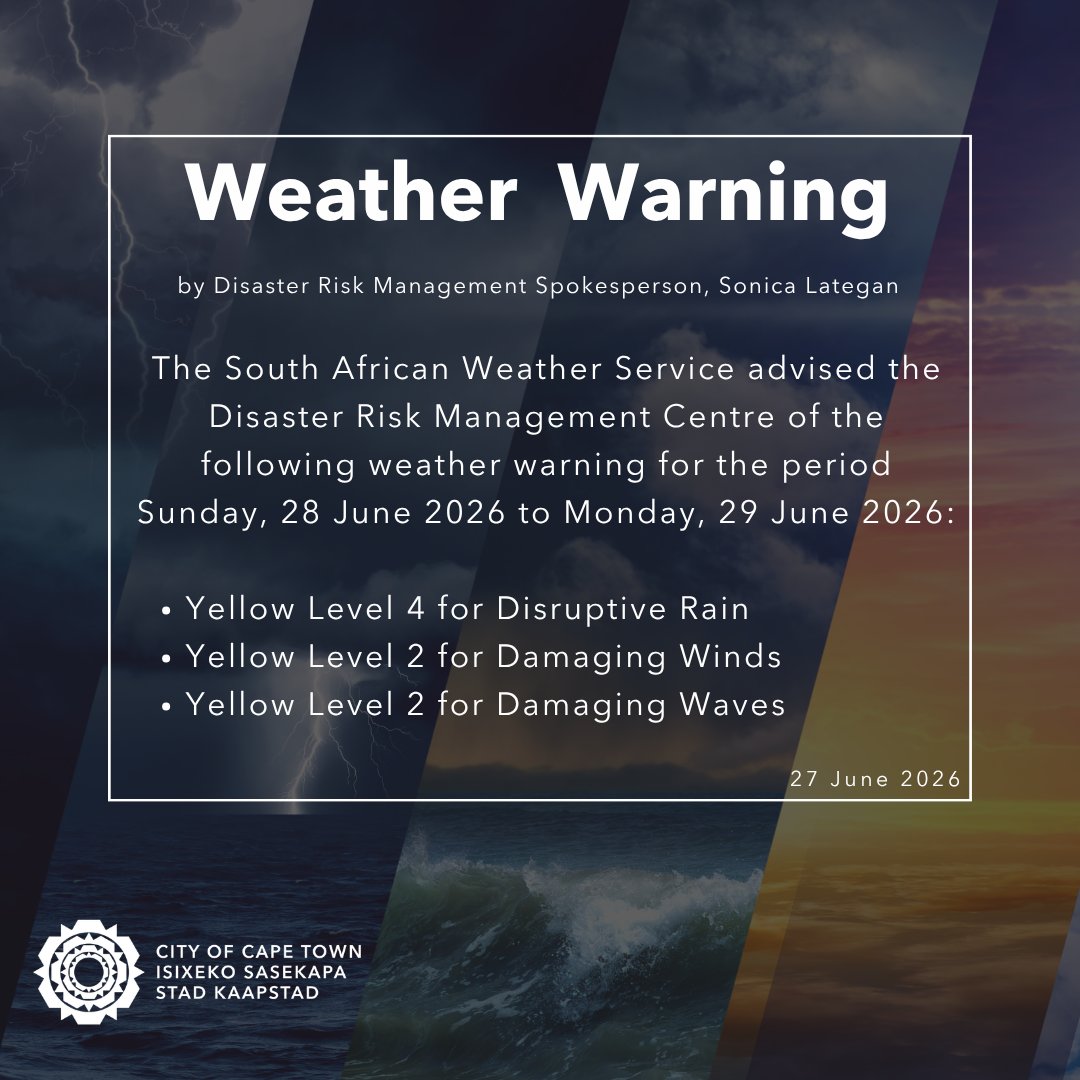 CityofCT's tweet photo. ⚠️ Weather Alert

SAWS has issued:
🌧️ Yellow Level 4: Disruptive rain
💨 Yellow Level 2: Damaging winds
🌊 Yellow Level 2: Damaging waves

Clear gutters, secure loose items and prepare your property.

📞 Report non-emergencies: 0860 103 089
🚨 Emergencies: 021 480 7700 https://t.co/JNPHnTYpzd