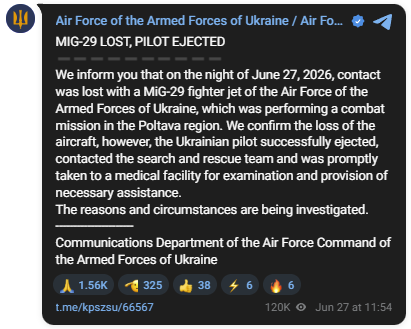 UAControlMap's tweet photo. An old Ukrainian MiG-29 lost near Poltava, pilot ejected. 

Source: https://t.co/T9V23n4aDZ https://t.co/G1p6ixEaTX