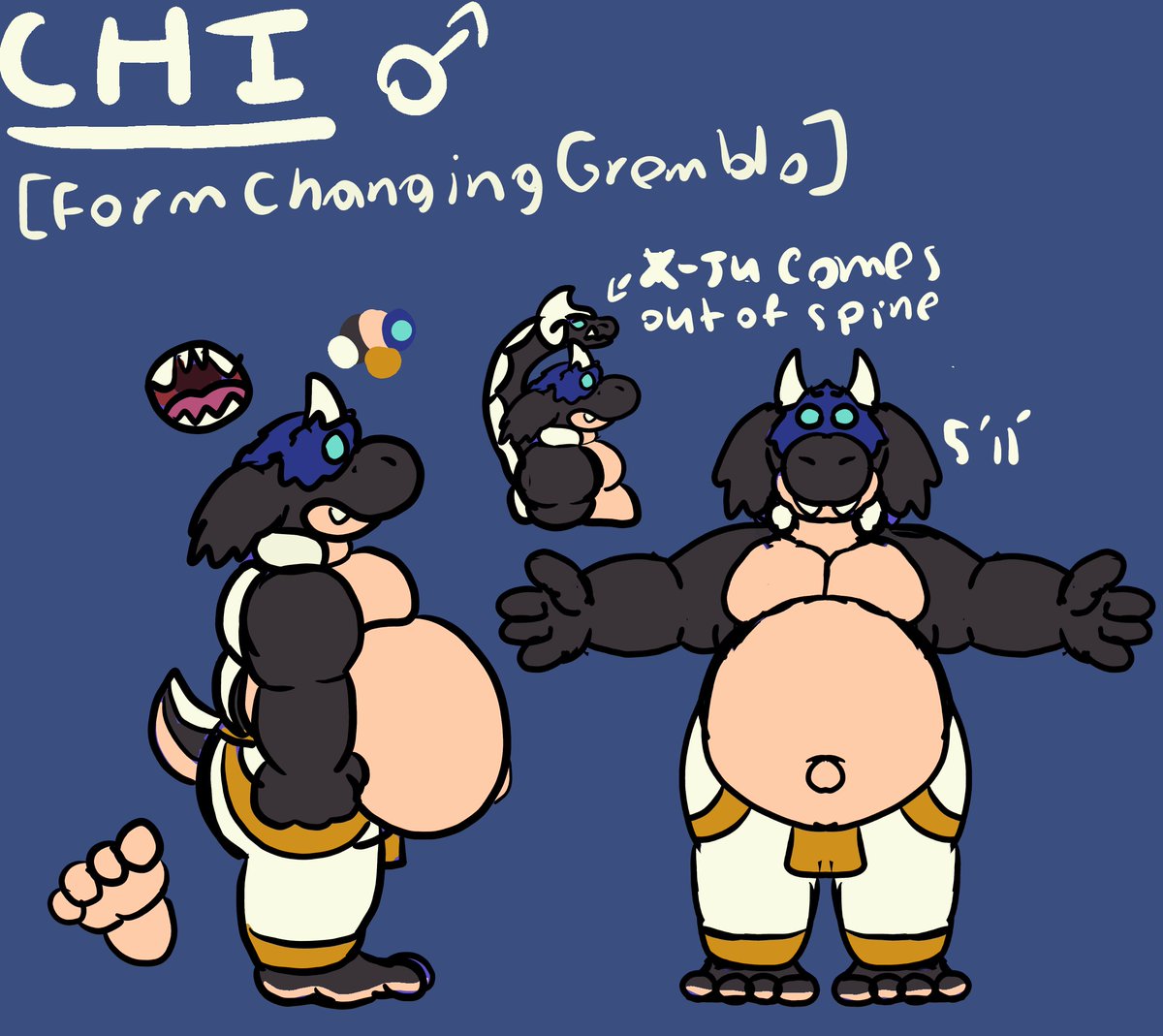 DomRexDrake's tweet photo. Made a new Ref for Chi awhile ago with his spinal flesh shaping monster X-Ju. X-ju is apart of Chi and can both enhance, morph, and mess around with his masters flesh as an extension if allowed. Though X-ju is larger, his body compresses himself when he is with his master. https://t.co/Nmy9sHseRY