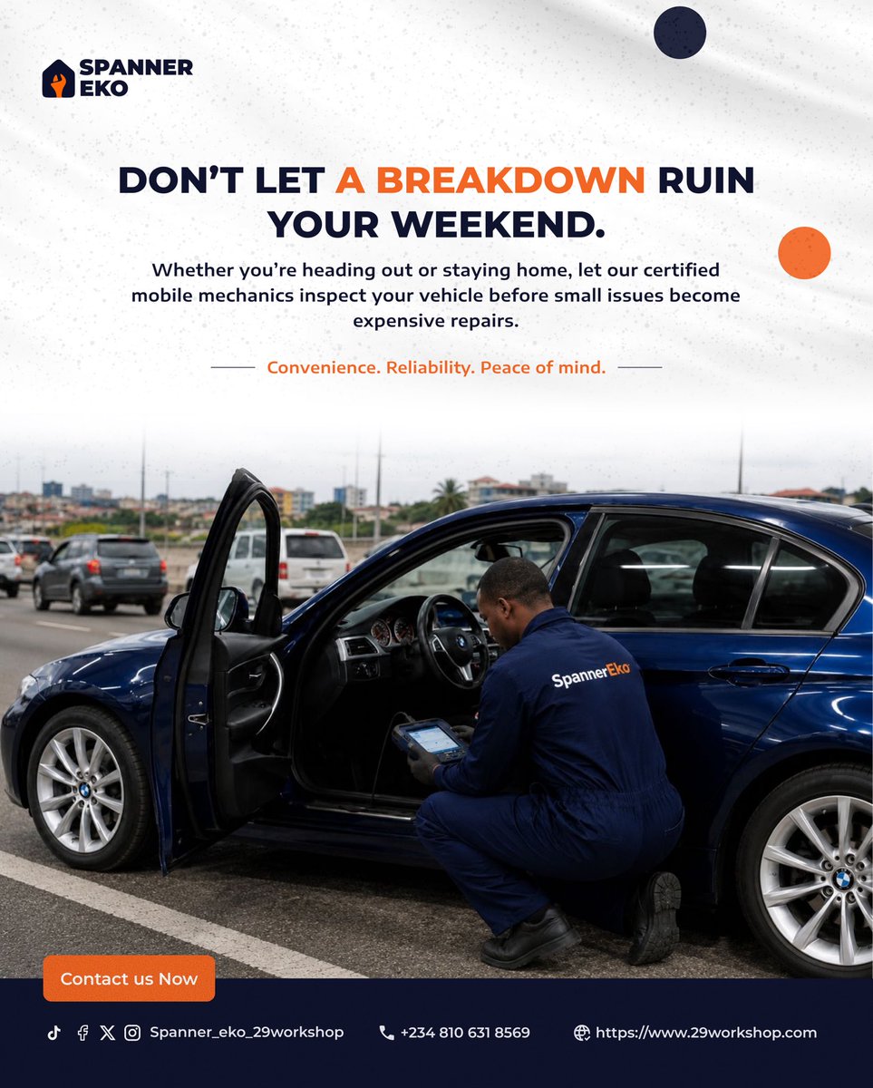 _Spanner__'s tweet photo. Nothing ruins a weekend faster than a car that won’t start.

But the good news is, Spanner Eko helps you stay one step ahead.

Book an inspection starting from #10,000 today and enjoy your weekend with confidence.

#SpannerEko #MobileMechanic #CarMaintenance #LagosDrivers https://t.co/oCww9piDUX