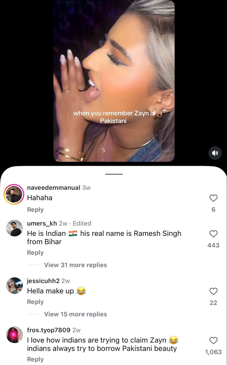 AnnuKaushik253's tweet photo. In a reel about Zayn Malik, many Pakistanis are commenting that he is “Indian” &amp; then the other Pakistanis are mocking Indians for “claiming him.” This is how they concoct stories that Indians try to “claim” their celebrities. https://t.co/yps4SMNaVl