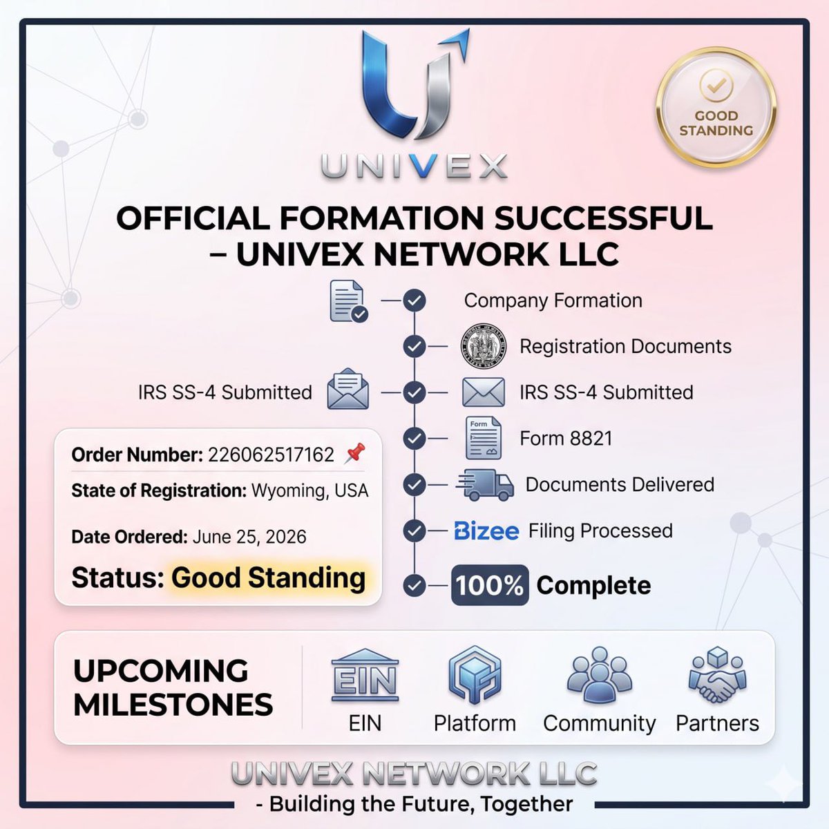 Univex_Network's tweet photo. 🎉🚀 Official Announcement – UNIVEX NETWORK LLC Successfully Established 🚀🎉

Dear Univex Network Team, Ambassadors, Moderators, Developers, and Community Members Worldwide,

We are proud to announce that, by the grace of God and through the dedication of our team and community, the establishment of:

UNIVEX NETWORK LLC

has been successfully completed in the State of Wyoming, United States.

We are pleased to confirm that the company is now officially registered and has achieved:

✅ Good Standing Status

In addition, the following milestones have been successfully completed:

✅ Official company formation completed.
✅ Corporate registration documents issued.
✅ SS-4 Application signed and submitted.
✅ Form 8821 signed and completed.
✅ Required documents delivered to the IRS.
✅ Company filing successfully processed through Bizee (formerly Incfile).
✅ Core legal and administrative requirements completed.
✅ Company formation process reached 100% Completion Status.
✅ Official order marked as Completed and Shipped.

This marks a major milestone in the journey of Univex. What began as a vision is now supported by an officially registered legal entity, providing a stronger foundation for future growth, partnerships, compliance, and global expansion.

We would like to express our sincere gratitude to every team member, supporter, ambassador, developer, moderator, and community member who believed in the vision of Univex and contributed to making this achievement possible.

This is not the finish line—it is the beginning of a new chapter.

Today, we celebrate a significant achievement. Tomorrow, we continue building the future.

Together, we grow.
Together, we innovate.
Together, we build the future.

🎊 Congratulations to the entire Univex Network Team and Community!

UNIVEX NETWORK LLC

Building the Future, Together.

#UnivexNetwork
#UNIVEX
#UnivexNetworkLLC
#PQC
#Layer1
#Blockchain
#Web3
#Crypto
#CryptoCommunity
#Decentralization
#DePIN
#PostQuantumCryptography
#Innovation
#Technology
#Startup
#Wyoming
#USA
#GoodStanding
#FutureOfBlockchain
#BuildTheFutureTogether