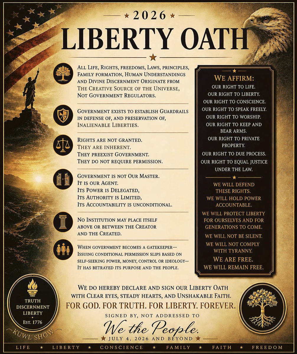 KuwlShow's tweet photo. In full support of, and fidelity to, America’s 1776 Declaration of Independence, let’s embrace this July 4, 2026 oath in unity.

——  LIBERTY OATH  ——

Liberty does not originate in government. Government does not create rights; it exists to recognize, secure, and defend them.

The deepest sources of human dignity, moral law, family, conscience, responsibility, and freedom are not found in legislatures, regulatory agencies, or political ideologies. They arise from a higher moral order—what many understand as the Creative Source of the universe, the Laws of Nature, or the Creator.

The proper role of government is therefore limited but indispensable: to establish just guardrails that protect life, liberty, property, equal justice, and the peaceful exercise of individual rights. Its legitimacy rests not in granting freedoms as conditional privileges, but in faithfully preserving rights that precede the state itself.

When governments begin treating liberty as a permission to be licensed, revoked, or rationed according to political power, financial interests, or ideological preference, they invert their proper purpose. Public institutions should remain servants of the people—not gatekeepers standing between humanity and the source of its inherent dignity and rights.

A free society flourishes when law protects liberty rather than replacing it, when accountability applies equally to citizens and governments alike, and when institutions remember that their highest calling is the preservation - not the creation - of human freedom.

——  WE THE PEOPLE  ——

@Freedom250 @POTUS #USA