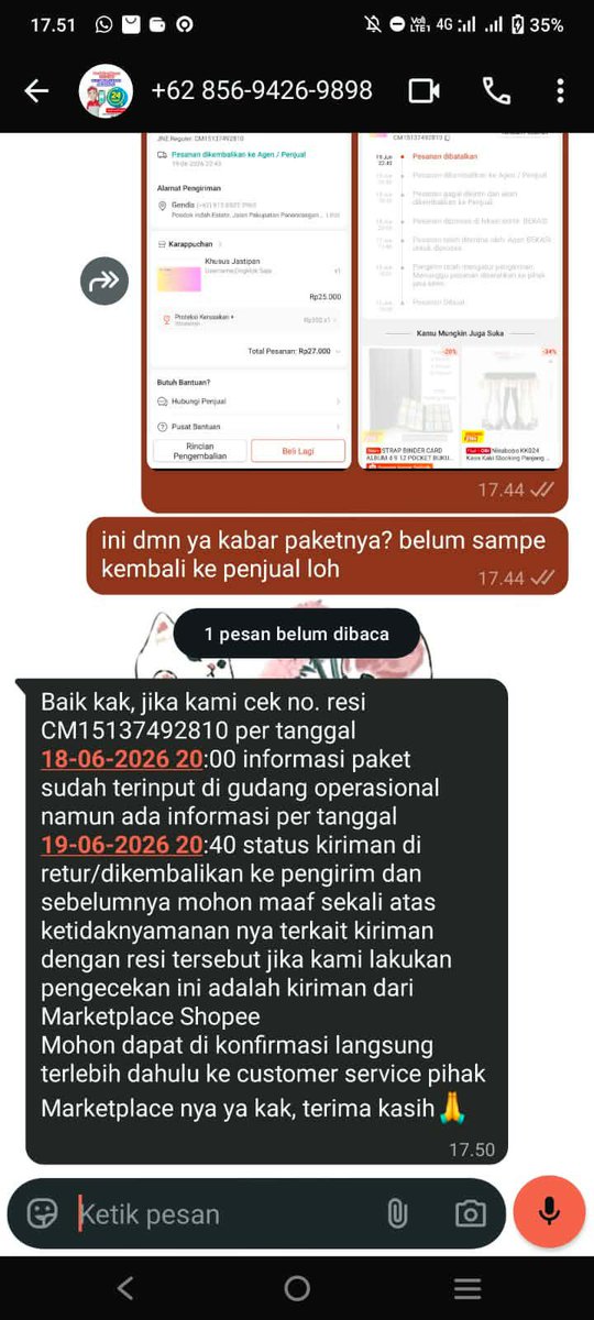 txtcells's tweet photo. HELP RT &amp; LIKE 

@JNECare @ShopeeID 

tolong donk buat return paketnya. ini udh seminggu nggak ada perkembangan lho.

saya capek hubungi cs shoppe gk ada hasil.
bgtupun dtgin jne di tmpt saya drop paket

gara" kurir yg pick up mlh kek gini. https://t.co/4INPRXBGSD