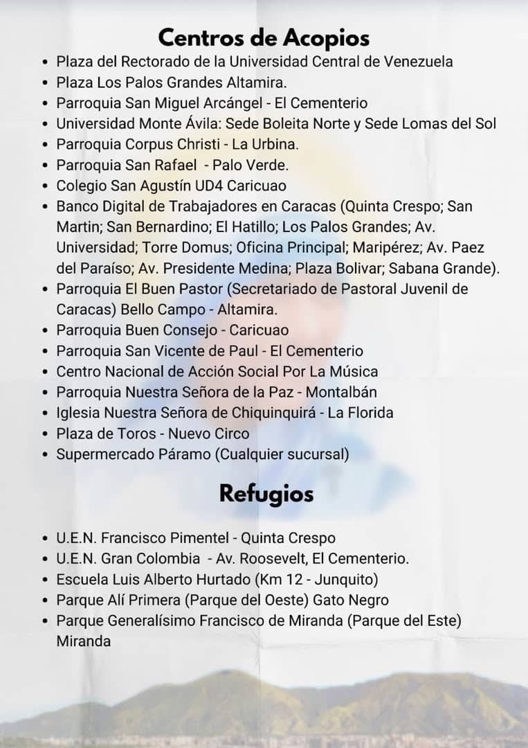 elbusTV's tweet photo. Centros de acopio y refugios activos este #27Jun en Distrito Capital.

Voluntarios recomiendan enviar a una persona antes de iniciar las labores de reparto para saber con exactitud qué necesitan en cada lugar.

Detalles aquí 👇 https://t.co/PC67gUaul2