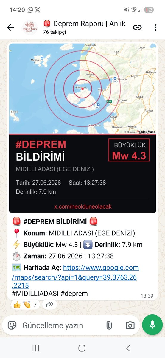 NeOlduNeOlacak's tweet photo. WhatsApp kanalımıza katılarak son #deprem'lerden en hızlı şekilde haberdar olabilirsiniz.
👇
Midilli #DEPREM 
Büyüklük: M4.3
https://t.co/DerMO5ag0H https://t.co/5gxW8Gd71w