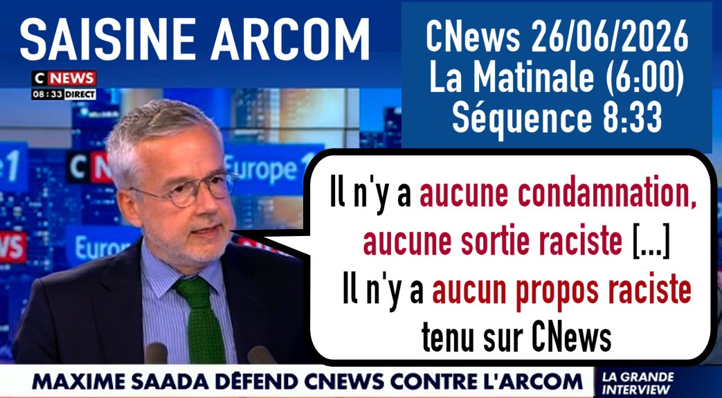 slpng_giants_fr's tweet photo. Saisine Arcom pour CNews
(infos dans l'image)
Niant les faits et contredisant l'invité, le présentateur prétend qu'aucune condamnation pour racisme n'a touché CNews et qu'aucun propos raciste n'y est tenu.
1/4 https://t.co/hwPrM5L2T2