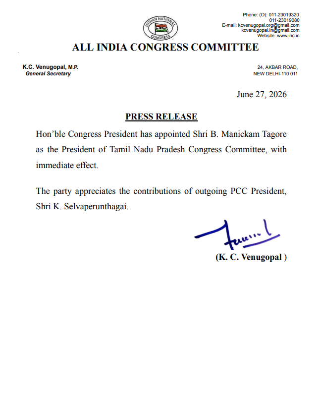 INCIndia's tweet photo. Congress President Shri @kharge has appointed Shri  @manickamtagore as the President of Tamil Nadu Pradesh Congress Committee, with immediate effect. https://t.co/9fsIxmiE9F