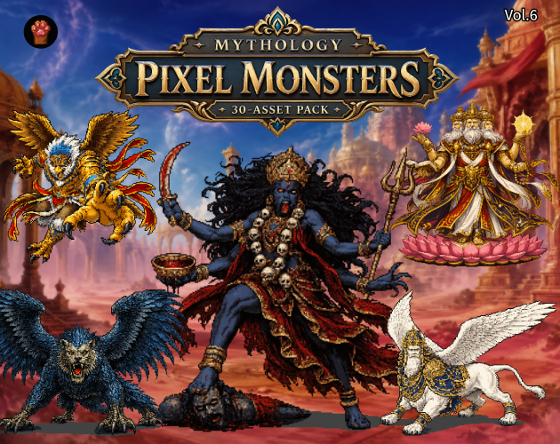 MaterialPixel's tweet photo. Ready to challenge the gods? 🏜️✨

My new mythology pixel monster pack brings 30 custom sprites inspired by Indian and Middle Eastern myths.

Imagine your party deep inside forgotten ruins, facing off against Shiva, Kali, Pazuzu, or a majestic Lamassu. Perfect for high-stakes JRPG boss battles, desert kingdoms, and ancient temple levels.

Give your players a mythic encounter they won't forget.

More details in the replies 👇 
#GameDev #PixelArt #RPGMaker