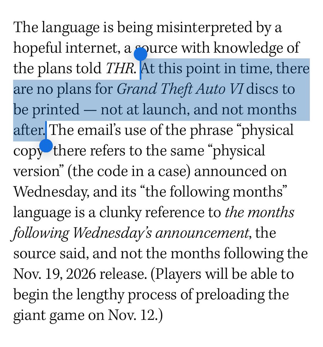 TheGameVerse's tweet photo. BREAKING: There Are No Plans for a GTA 6 Physical Disc in the Future.

“At this point in time, there are no plans for Grand Theft Auto VI discs to be printed — not at launch, and not months after.”

Source: @THR https://t.co/bniJfMFfta