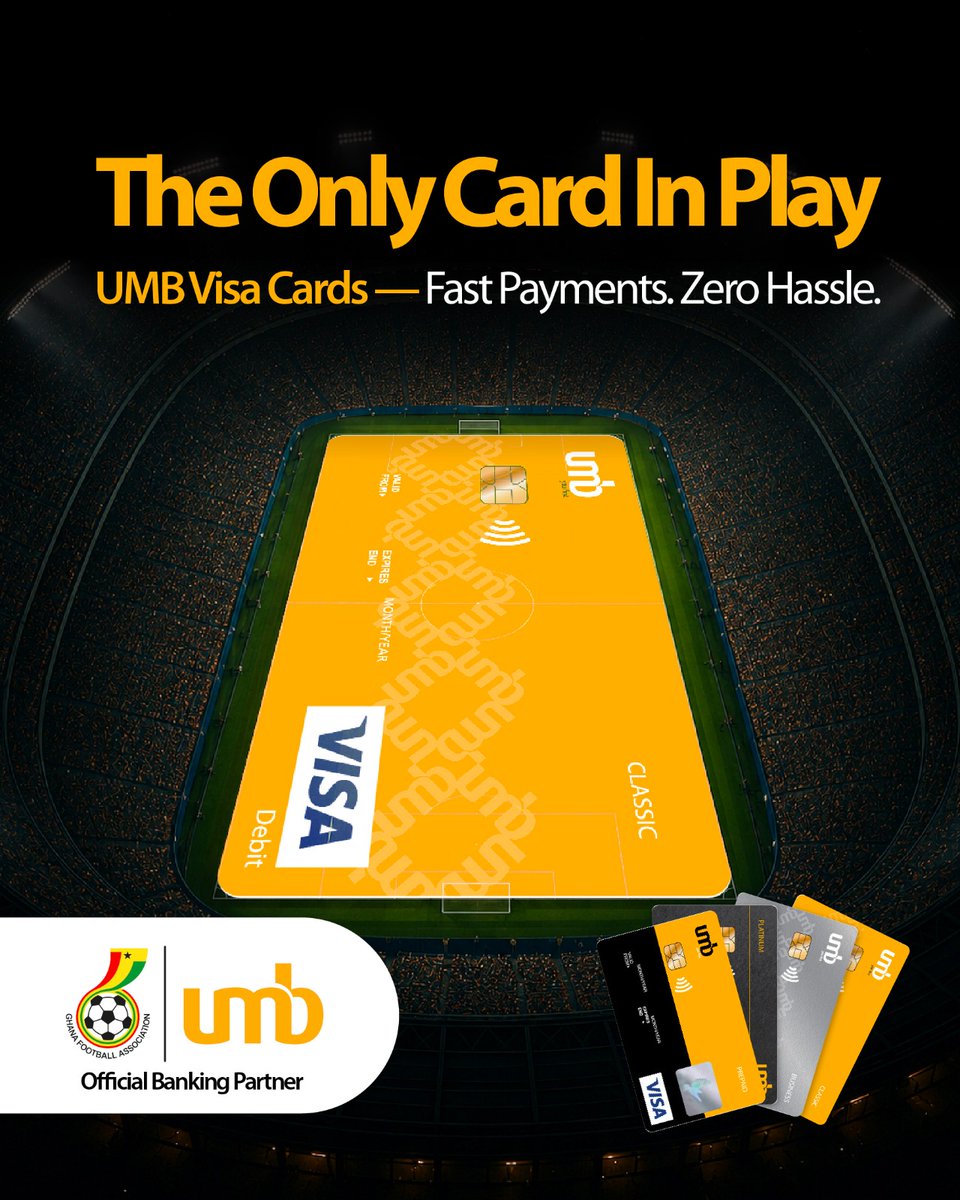 myumbbank's tweet photo. Keep your winning streak going this weekend.

Whether you’re grabbing matchday snacks, paying for your favourite jersey or settling the bill after the final whistle, keep your #UMB Visa Card in the starting lineup.

Fast. Secure. Accepted worldwide.

#ProudlyBackingGhanaSince1972 https://t.co/Z8Affv7dh3