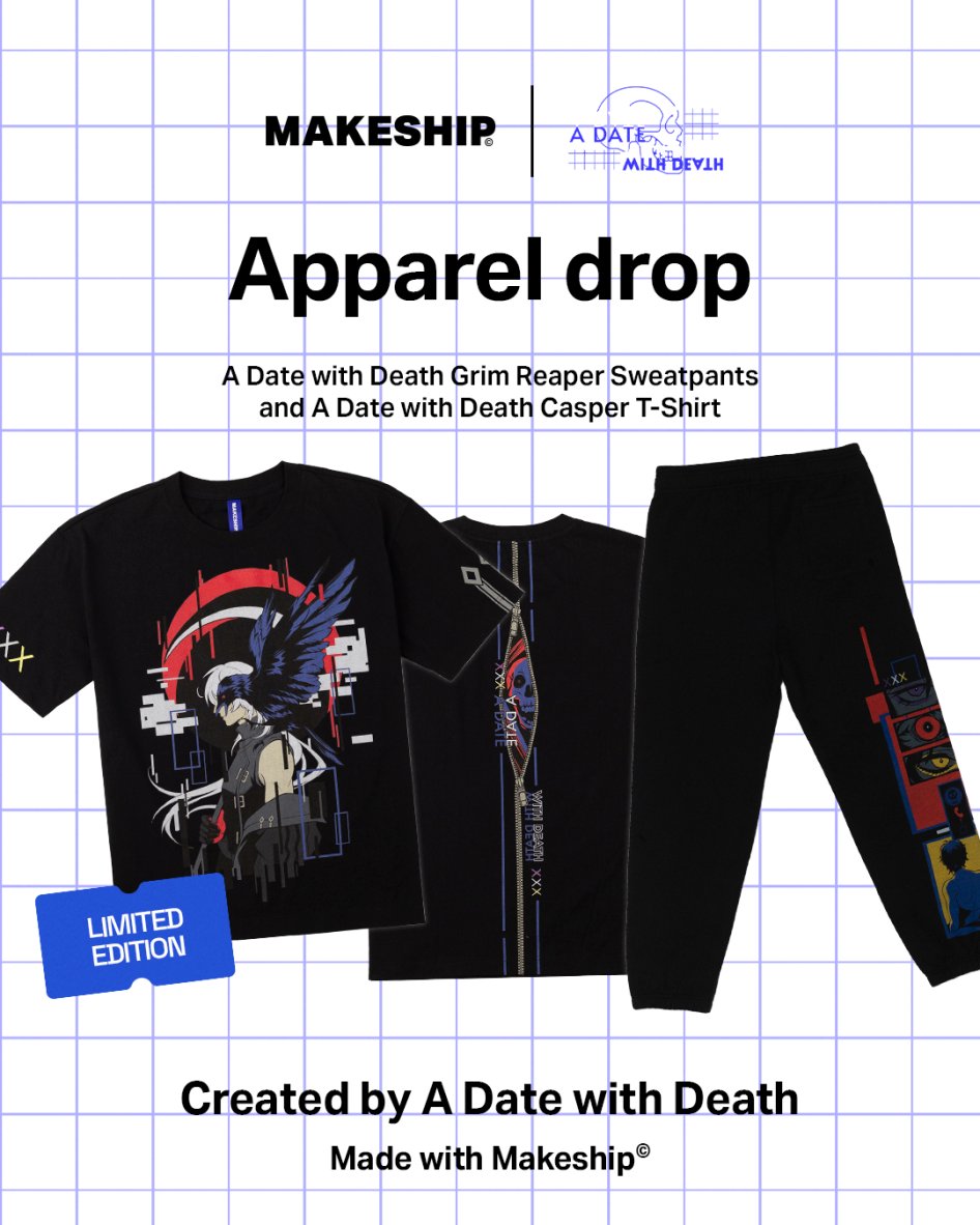 TwoHalfStudios's tweet photo. Your favorite(?) Grim Reaper, now wearable (again)!

You can grab our brand new tshirt + sweatpants set RIGHT NOW over on Makeship for the next three weeks! ⤵️ https://t.co/HI5vO9TTm1