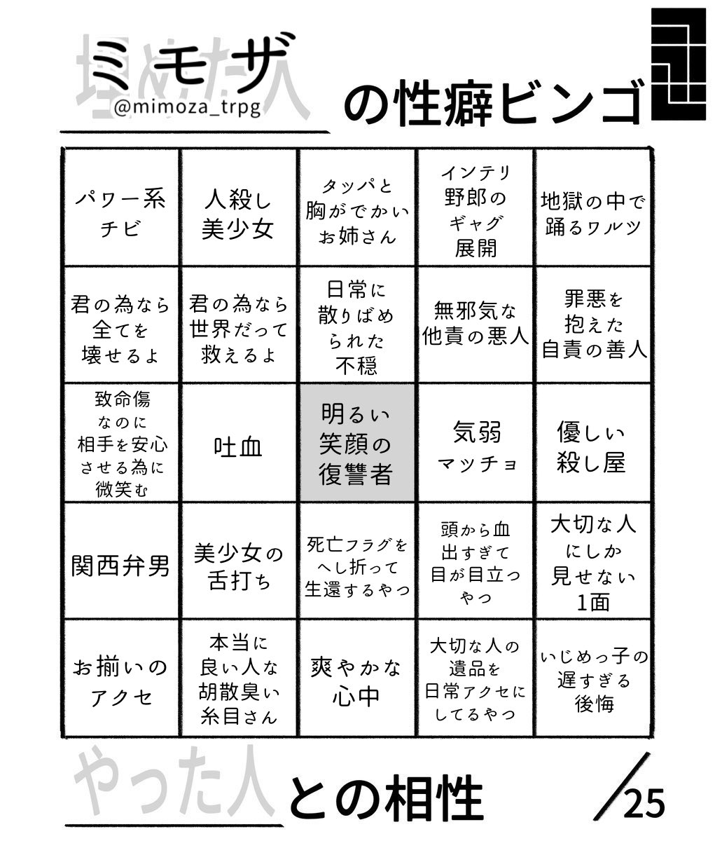 mimoza_trpg's tweet photo. 性癖ビンゴやった🌼
引リツで皆の見たすぎる https://t.co/ONcFFrfu90