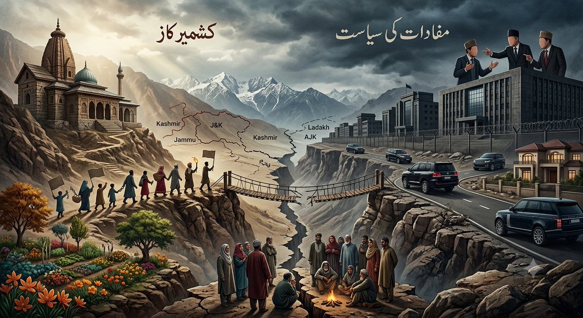 IAmMukhtarBaba's tweet photo. کشمیر کاز یا مفادات کی سیاست؟
1846 میں ایک گھناؤنے اور انسانی تاریخ میں اپنی نوعیت کے ایک معاہدے جسے بیعہ نامہ امرتسر کہتے ہیں کی وساطت سے ڈوگرہ ریاست کے بانی مہاراجہ گلاب سنگھ ایک ایسی ریاست کو اکٹھا کرکے جموں و کشمیر لداخ ریاست ہائے تبت بنا ڈالی جو بعد میں ریاست جموں و کشمیر کے نام سے منسوب ہوئی۔ اس ریاست میں نہ صرف مختلف قومیں بلکہ مختلف مذاہب کے لوگ رہ رہے ہیں۔ انیسویں صدی میں ہی نسلی اور نصبی کشمیریوں نے اس زبردستی کی "شادی" کے خلاف عدم بغاوت شروع کی۔ برصغیر کے سیاسی حالات نے اسے ایک متنازعہ حیثیت دی اور جموں و کشمیر کو ایک قوم بنا دیا۔ اور ان قوموں نے پہلی بار ایک مشترکہ جدوجہد شروع کی۔ مگر اس قوم کی جدوجہد اس وقت کمزور پڑ گئی جب اجتماعی مقصد پر ذاتی مفادات غالب آ گئے۔ بدقسمتی سے آزاد جموں و کشمیر کی سیاست میں ایک ایسا طبقہ برسوں سے موجود ہے جس نے کشمیر کے نام پر سیاست کو خدمت کے بجائے کاروبار بنا دیا ہے۔ اس طبقے کے لیے مقبوضہ جموں و کشمیر میں ہونے والی ہر نئی سانحہ خبر، ہر ظلم اور ہر انسانی المیہ سیاسی سرمایہ بن جاتا ہے، مگر عملی طور پر کشمیری عوام کی زندگی میں تبدیلی دکھائی نہیں دیتی۔
ایک طرف بیرون ملک پاکستان کے پاسپورٹ پر سفر کیا جاتا ہے اور پھر انہی ممالک میں پاکستان کے خلاف سیاسی پناہ لے کر معاشی فوائد حاصل کیے جاتے ہیں، جبکہ دوسری طرف پاکستان کے سامنے خود کو "نظریاتی سرحدوں کا محافظ" قرار دینے والے  اربوں روپے کے فنڈز اور مراعات حاصل کرنے کیلئے "نظریات" کے چورن کو دن رات  بیچنے میں لگے ہوئے ہیں سوال یہ ہے کہ اگر یہ دعوے اتنے ہی مخلص ہیں تو پھر دہائیوں بعد بھی آزاد جموں و کشمیر بنیادی ترقی، شفاف حکمرانی اور مضبوط اداروں سے کیوں محروم ہے؟
اس تمام کھیل کا سب سے بڑا نقصان عام عوام کو اٹھانا پڑتا ہے۔ نوجوان روزگار کی تلاش میں دربدر ہیں، تارکین جموں و کشمیر شناخت کے تنازعات میں الجھے ہوئے ہیں اور عام آدمی بنیادی سہولیات کے لیے ترس رہا ہے، جبکہ اقتدار کے ایوانوں میں بیٹھے لوگ قومی جذبات کو اپنی سیاسی بقا کے لیے استعمال کرتے رہتے ہیں۔
گلگت بلتستان کے عوام بھی برسوں سے یہ شکایت کرتے آئے ہیں کہ ان کے آئینی حقوق کی راہ میں رکاوٹیں کھڑی کی گئیں۔ اگر یہ تاثر درست ہے تو پھر یہ سو��ل ضرور پیدا ہوتا ہے کہ کشمیر کے نام پر سیاست کرنے والے خود انصاف اور برابری کے اصولوں پر کس حد تک قائم رہے ہیں۔
آج ایک نئی بحث "مہاجرین" مقیم پاکستان کے ووٹ اور آزاد جموں و کشمیر کی سیاسی شناخت کے گرد بھی کھڑی کی جا رہی ہے۔ اگر مقصد واقعی ایک الگ قومی تشخص کا قیام ہے تو اس پر بحث آئینی اور جمہوری انداز میں ہونی چاہیے، نہ کہ کروڑوں لوگوں کے حقوق کو متنازع بنا کر یا ایک دوسرے کے خلاف نفرت پیدا کرکے۔
کشمیر کا مقدمہ اس وقت مضبوط ہوگا جب اس کی قیادت احتساب، دیانت اور اصولوں کی بنیاد پر کھڑی ہوگی، نہ کہ ایسے بیانیوں پر جو ہر بحران کو سیاسی فائدے میں تبدیل کرنے کی کوشش کریں۔ قوموں کی نمائندگی نعروں سے نہیں بلکہ کردار، شفافیت اور عوامی خدمت سے ہوتی ہے۔