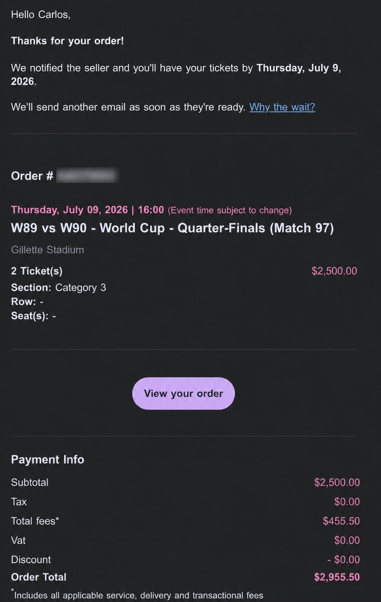 rodtoriello1's tweet photo. I’m extremely disappointed with my experience with @StubHub.

I’ve been a loyal customer for years and have recommended StubHub to family and friends because I trusted the platform.

Over three months ago, I purchased tickets to a World Cup quarterfinal for $2,955 and planned an entire trip around the match. I booked flights, hotels, and even arranged for my girlfriend to fly from Venezuela so we could experience this once-in-a-lifetime event together.

Unfortunately, the seller failed to fulfill the order. While StubHub refunded my purchase, comparable tickets now cost more than double what I originally paid. I was informed that replacement tickets were not offered because the current prices exceeded what I had originally paid, despite comparable tickets being available on the site.

I understand policies exist, but as a loyal customer who planned this trip months in advance, it’s incredibly difficult to accept that I’ll likely miss this event because a seller failed to honor the sale. And the tickets getting cancelled.

I sincerely hope @StubHub will review my case and help find a fair resolution.

@FIFAWorldCup
 
#fifaworldcup
#stubhub 
#WorldCup2026
#CustomerService
#FanExperience