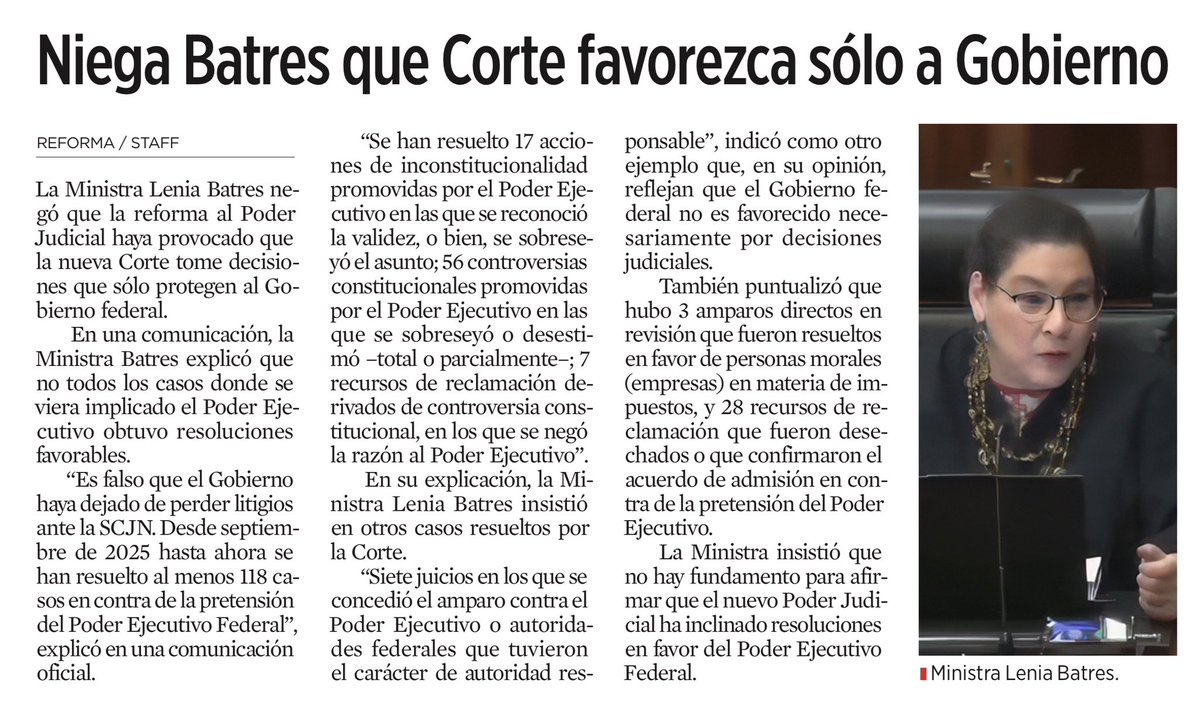 JoseMarioMX's tweet photo. La nueva @SCJN quiere defenderse con una cifra: 118 asuntos en los que, dice Lenia Batres, el Gobierno federal perdió. Pero una democracia no se salva con una tabla de Excel. En tribunales, como en la historia, no todas las derrotas pesan igual: hay derrotas de trámite y hay derrotas que de verdad le duelen al poder.

Porque no es lo mismo perder una reclamación, un sobreseimiento o una batalla procesal, que perder cuando está en juego el núcleo duro del régimen: la reforma judicial, la militarización, los órganos autónomos, los impuestos, la seguridad pública, la libertad de expresión o los derechos humanos. Ahí es donde se ve si una Corte es tribunal constitucional o simple notaría del poder.

La pregunta no es si el Gobierno pierde de vez en cuando. Claro que puede perder. La pregunta brutal es otra: ¿esta Corte todavía puede decirle “no” al poder cuando ese “no” cuesta carrera, prestigio, presión política y factura pública? Porque la independencia judicial no se presume en comunicados. Se prueba en el caso incómodo, en la sentencia que incomoda al Palacio y en el minuto exacto en que la Constitución se queda sola.