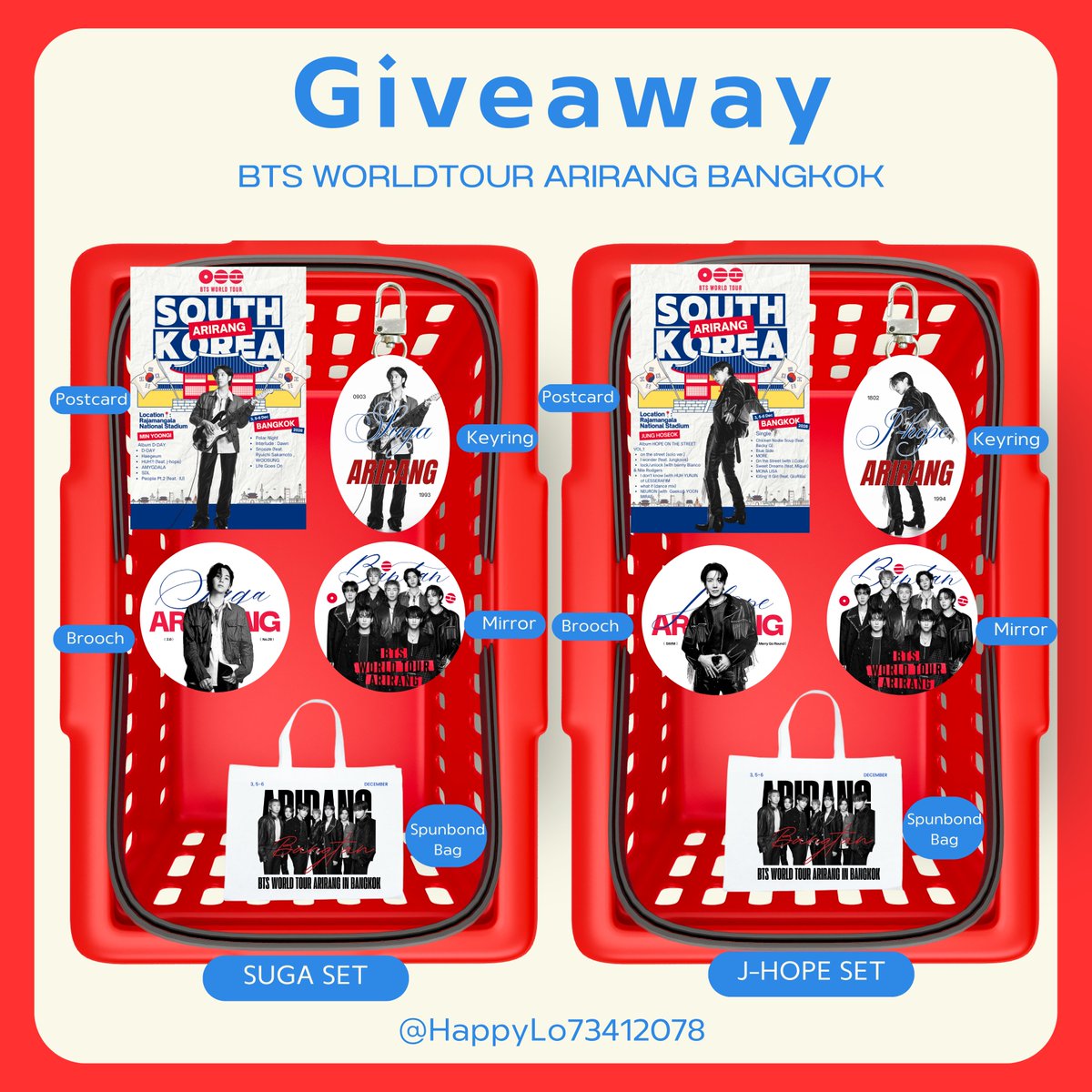 HappyLo73412078's tweet photo. Giveaway 🎁❤️
BTS WORLDTOUR ARIRANG BANGKOK
Date 🗓 : 3,5-6 Dec 2026
location 📍 :  Rajamangala Stadium
time 🕒 : tba 
แจกวันละ 70 set
ได้คนละ 1 set เลือกเมมได้
Rt and show this twt 
only Thai army !
แลกทักเดมได้เลยนะคะ
#BTS_WORLDTOUR_BANGKOK https://t.co/tXTJt4Cy8g