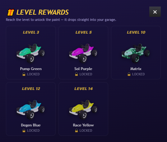 PumpKarts's tweet photo. Pump Karts update is live 🏎️

2 new paints: Degen Blue and Race Yellow, now dropping from the Lucky Spin

Market filter: Search listings by paint name and find the exact paint you want

Level rewards preview: Tap to see every paint you unlock as you climb the levels https://t.co/mdH7Z4xx9H