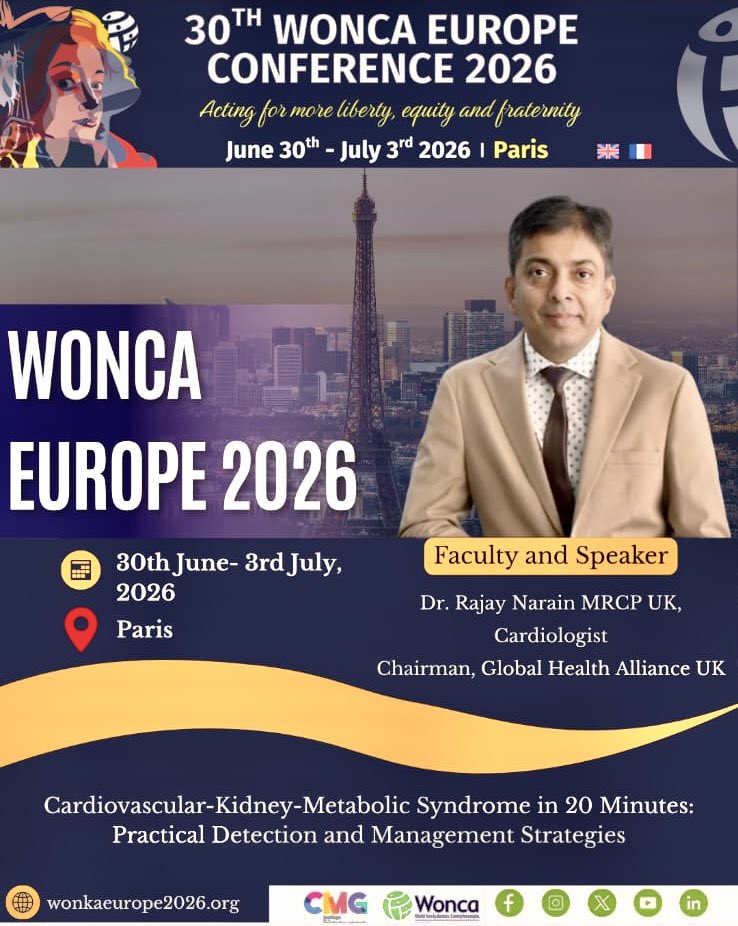 RajayNarain's tweet photo. Looking forward to speak at WONCA Europe 2026 on 2nd July in Paris on:

"Cardiovascular-Kidney-Metabolic Syndrome in 20 Minutes: Practical Detection and Management Strategies."CKM Syndrome is transforming the way we think about chronic disease. #CardioX #Ghahealth https://t.co/FbqyOEI65v