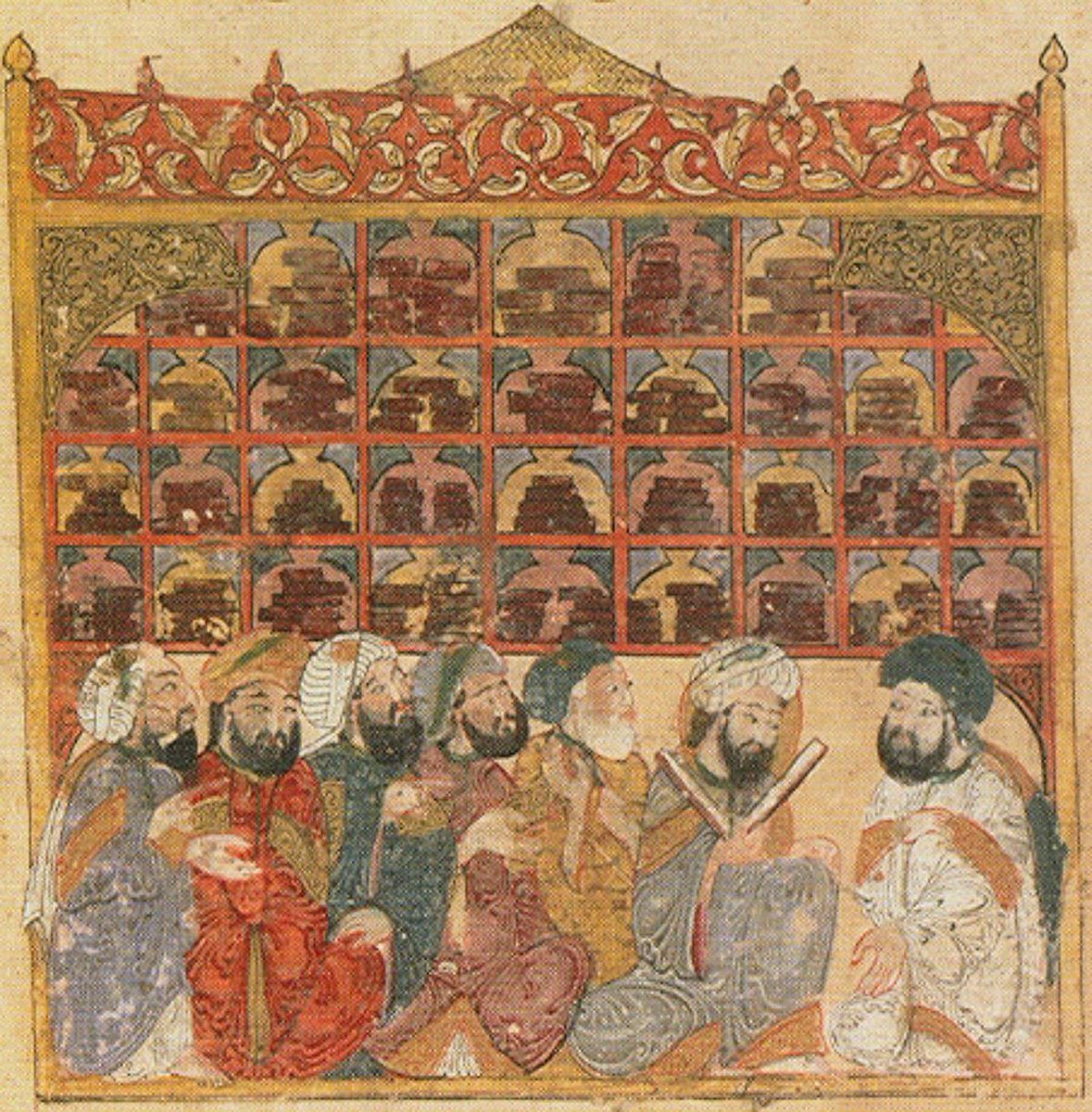 lbnBattuta's tweet photo. A fun aspect of ancient tales like Maqamat al-Hariri (1237) is that they inadvertently give us insight into their era.

For example, the depiction of Abbasid-era libraries. https://t.co/QYFvNqd6rt