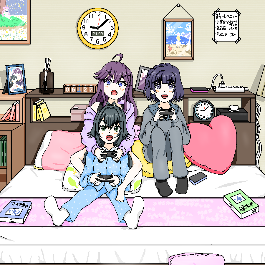 Lurinet_R's tweet photo. 夜、部屋でゲームする
手毬と美鈴と燐羽
＃学マスFA https://t.co/QDe1TOwaNG