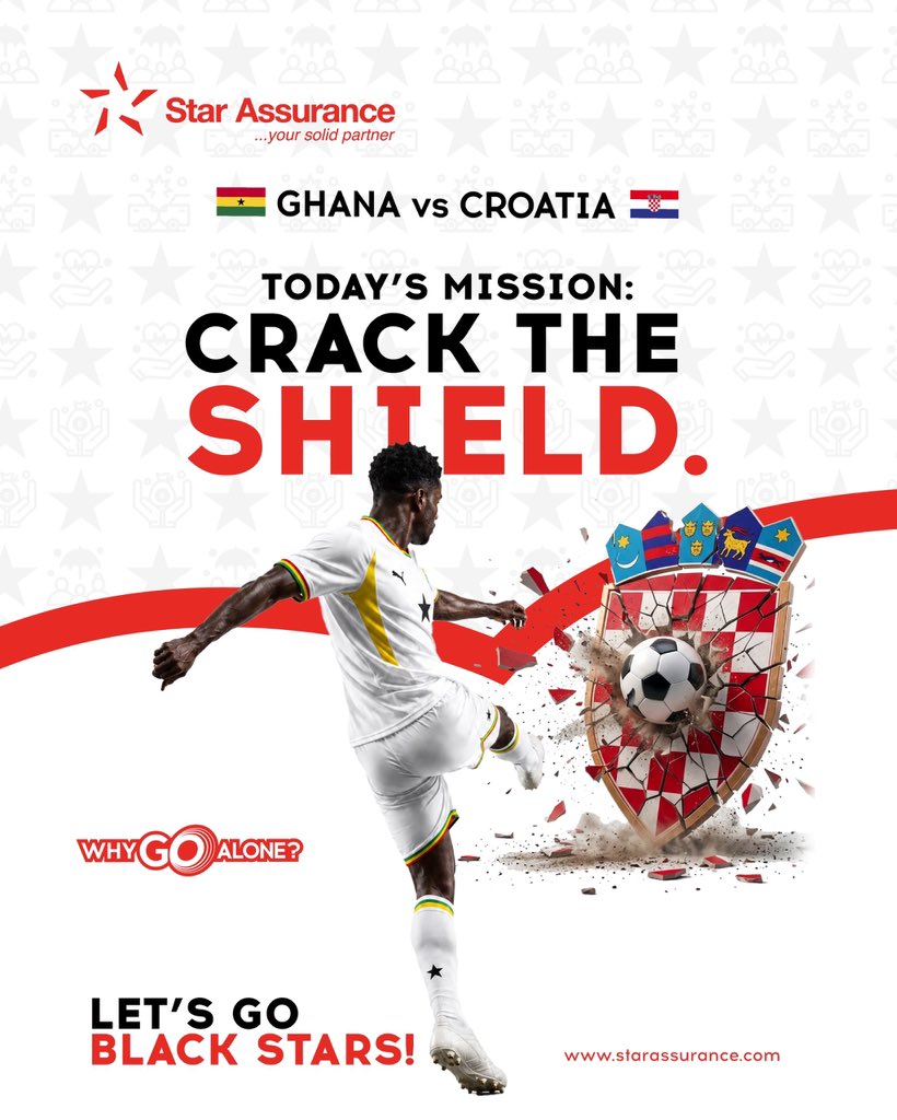 StarAssuranceGh's tweet photo. Today is another opportunity for the Black Stars to rise, fight, and make the nation proud. 
Let’s crack the shield. 

Let’s go, Black Stars! ⚽🔥

#WhyGoAlone #BlackStars #StarAssurance #WorldCup2026 https://t.co/KJGaZBox44
