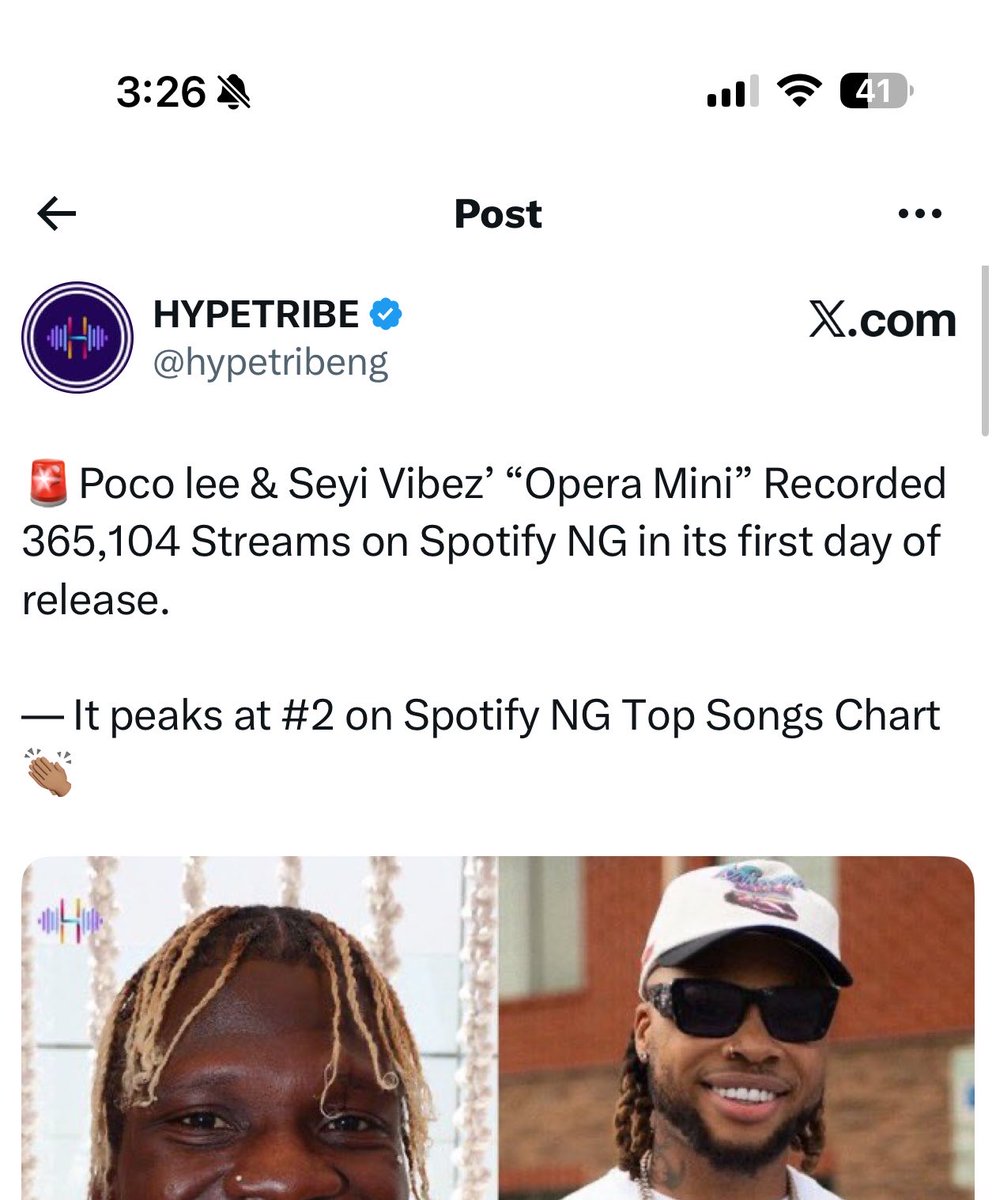 iceofcali's tweet photo. It’s a shame that our Big 3 no longer have the star power to carry other artists anymore.

You all call Wizkid the biggest artist in Africa, yet he has featured on songs with 6 different artists this year alone and still couldn’t pull the numbers SEYI  VIBEZ gave Poco Lee on a song you all called a flop.😂
I’m not comparing them! Don’t get me wrong’. 

And for Davido?😂 How can your first single of the year fail to pull 300k streams on its first day? After all the giveaways to promote the song? Ok.

If not for Asake, Wizkid probably wouldn’t have had a hit this year.

SEYI VIBEZ ft poco lee “Opera Mini” recorded about 400K streams on NG alone on its first day of released, and he isn’t even the owner of the song, yet you all still called it a flop.

SEYI VIBEZ has the most loyal fanbase in Nigeria.❤️ Because with everything you all have been saying whenever he drops a song, yet his fans still keep their heads up! ❤️
