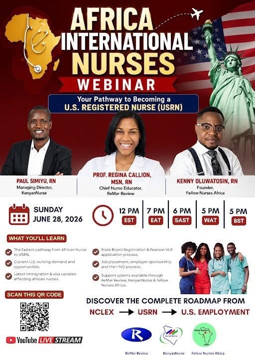KenyanNurse's tweet photo. 🗓 28th June 2026 (Sunday)
⏰ 12 PM EST | 5 PM WAT | 6 PM SAST | 7 PM EAT

Join 
✅ Prof. Regina Callion🇺🇸, 
✅ Kenny Oluwatosin🇳🇬🇬🇧, and 
✅ Simiyu Paul_RN🇰🇪🇬🇧

as they discuss the real challenges Nurses from Africa face and the proven pathway to NCLEX success. https://t.co/yJJi5zulfu