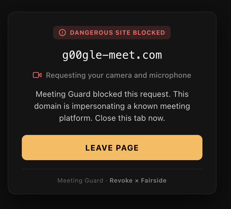 RevokeCash's tweet photo. Live in the latest update to the Revoke Sidekick extension: Meeting Guard

Fake meeting links are a big attack vector where people get scammed. Meeting Guard checks for fake meeting links. 

Stay safe! 🫡 https://t.co/SDtRysZHJ1