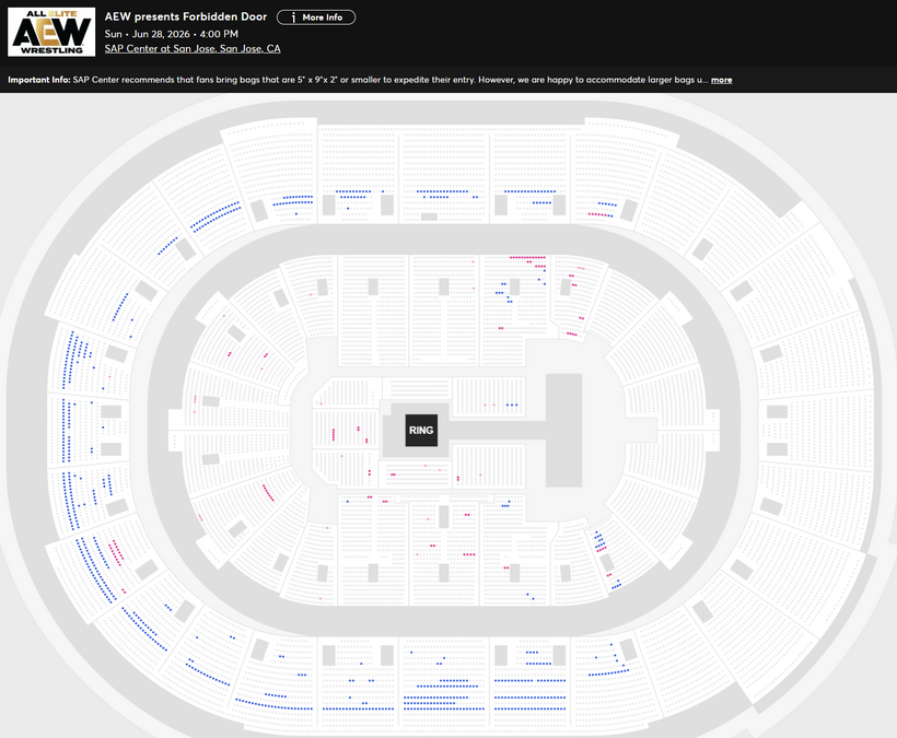 WrestleTix's tweet photo. AEW presents Forbidden Door
Sun, Jun 28, 2026, 4:00 PM
SAP Center at San Jose, San Jose, CA

Available Tickets: 696
Current Setup: 8,864
Tickets Distributed: 8,168

📈 +180 since the last update (1 day ago)
📅 Days until show: 1
🔢 Total # of seats on map: 17,049
⏮ 8/24/2025 Forbidden Door in London (O2): 17,709
⏮ 10/16/2024 Dynamite: 3,464
🛤️ This show is being tracked every 20 minutes on the Platinum Tracker. Upgrade to Platinum for access. It also has its own tracking sheet with every change noted since Presale Day 1: https://t.co/7oKRUcF7Ah
💰 Resale: 127
💵 Cheapest Ticket (Standard Admission): $37.40
🗒️ New rows added in Sections 202-213 and 228.