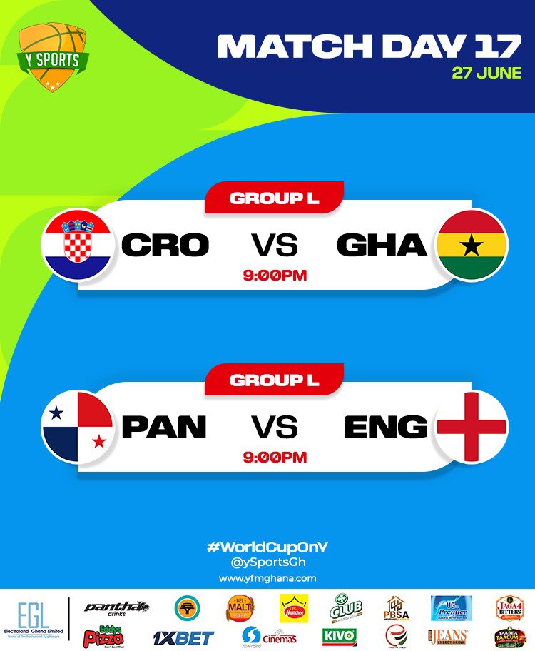 Y979FM's tweet photo. Big teams. High stakes. Group L action drops tonight at 9:00 PM! ⚽️🏟️✨

🇭🇷 Croatia vs Ghana 🇬🇭
🇵🇦 Panama vs England 🏴󠁧󠁢󠁥󠁮󠁧󠁿

Will the Black Stars shine against Croatia? Can Panama pull off a massive upset against England? Stay locked to @YSportsGh for all the updates! 

#WorldCupOnY #FIFAWorldCup2026 #YSports #BlackStars