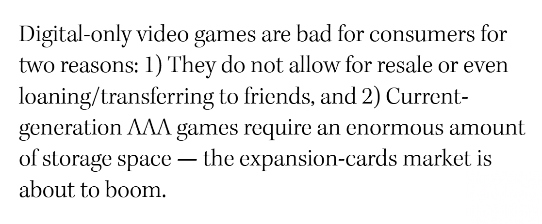 DeekeTweak's tweet photo. Unfortunately I don't think the expansion card market will boom. It's more likely that people will just keep certain games on their limited storage in perpetuity.

GTA 6's footprint on gaming isn't just about sales; it'll be a permanent fixture on (and in) consoles for years. https://t.co/OpkjZNAdFt