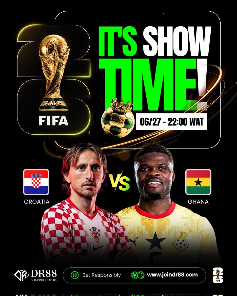 DiamondRoad88's tweet photo. IT’S SHOW TIME! 🔥 Croatia 🇭🇷 vs Ghana 🇬🇭 
06/27 - 22:00 WAT 

Who’s taking the 3 points tonight? 
A = Croatia experience 💪 
B = Ghana Black Stars power ⭐ 

Drop your prediction + scoreline below 👇 
Bet smart on DR88: https://t.co/4j5gFUJkUe | 18+ Bet Responsibly` https://t.co/E64PkuarHN
