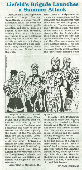 RobMessick's tweet photo. An old Brigade news blurb and art from before the series launch. Th second image with the moon was from 1991.
Brigade created by @robertliefeld
@ImageComics @MaratMychaels
#WhereisPaulScottsBody #Battlestone #SeaHawk #ColdSnap #Kayo #Atlas https://t.co/LmiWRhcvR8