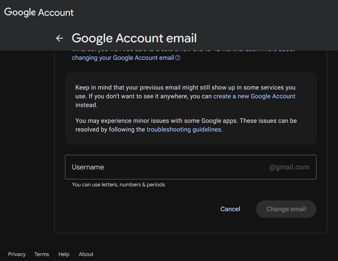 OKZeal's tweet photo. Google taking 20 years to finally let people change their Gmail addresses is just ridiculous. I've been annoyed by mine for ages.
​Saw the news back in April but the option just showed up for me. Sucks that it’s only live for US accounts though, feel bad for everyone still stuck. Meanwhile, iCloud users have been chilling with this feature for a while now.