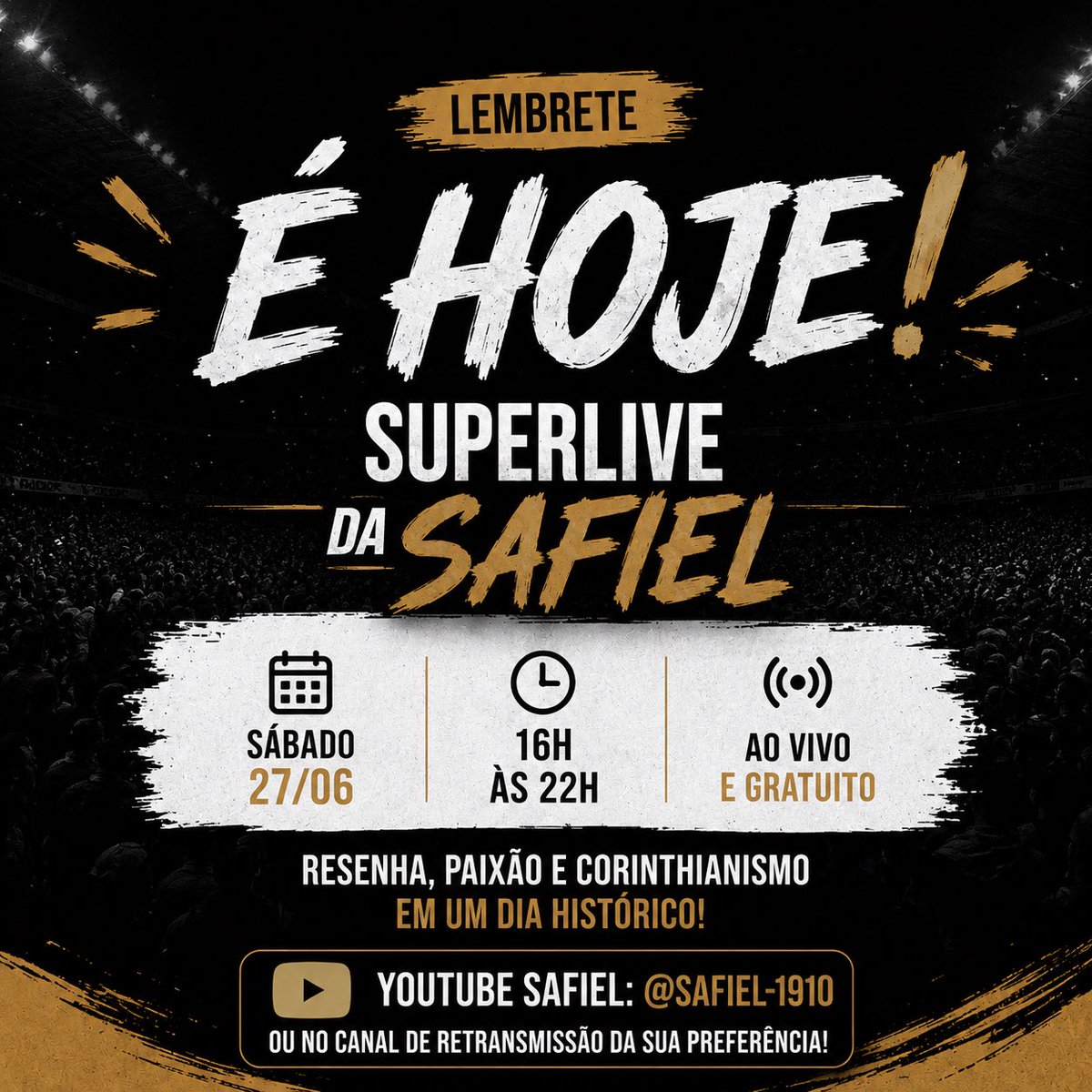 Safiel_1910's tweet photo. 🚨 É HOJE!

Chegou o dia da Super Live SAFiel.

Serão 6 horas de resenha, debate, convidados especiais e muita conversa sobre o futuro do Corinthians.

🗓️ Hoje
🕓 Das 16h às 22h

📺 Assista pelo YouTube SAFiel (@SAFiel-1910) ou no canal parceiro da sua preferência.

Se você acredita que a torcida precisa participar das decisões do clube, esse encontro é para você.

Compartilhe este post, marque seus amigos e entre na transmissão. Quanto mais corinthianos participarem, mais forte será essa mobilização.

Nos vemos às 16h. 🖤🤍

#SAFiel #VaiCorinthians #Corinthians #SafielJá