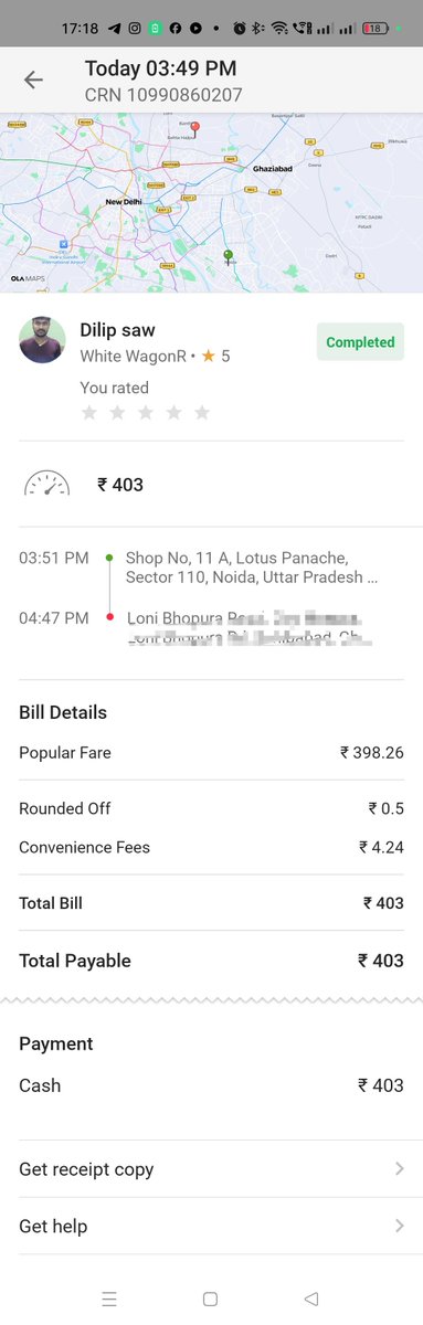 sagar4life's tweet photo. Extremely disappointed with @Olacabs @ola_supports ! 

Driver Dilip saw (Vehicle: HR55AQ8773) forced me to pay an extra ₹100 in cash for toll tax, even though my official app bill was only ₹403 for CRN 1099086027.
​This is blatant ground-level extortion and overcharging. https://t.co/9CHBhnzzae